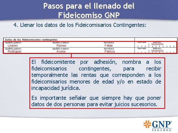 Pasos para el llenado del Fideicomiso GNP 4. Llenar los datos de los Fideicomisarios Pasos para el llenado del Fideicomiso GNP 4. Llenar los datos de los Fideicomisarios