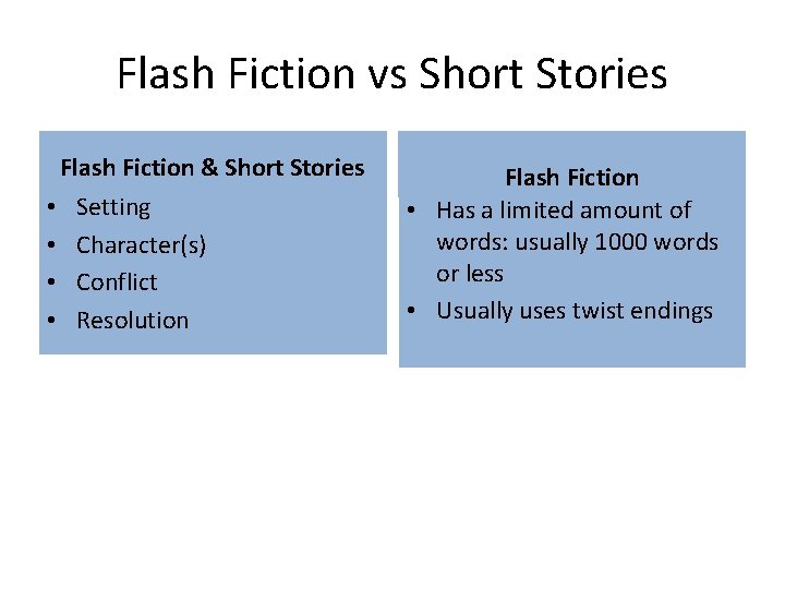 Flash Fiction vs Short Stories Flash Fiction & Short Stories • • Setting Character(s)