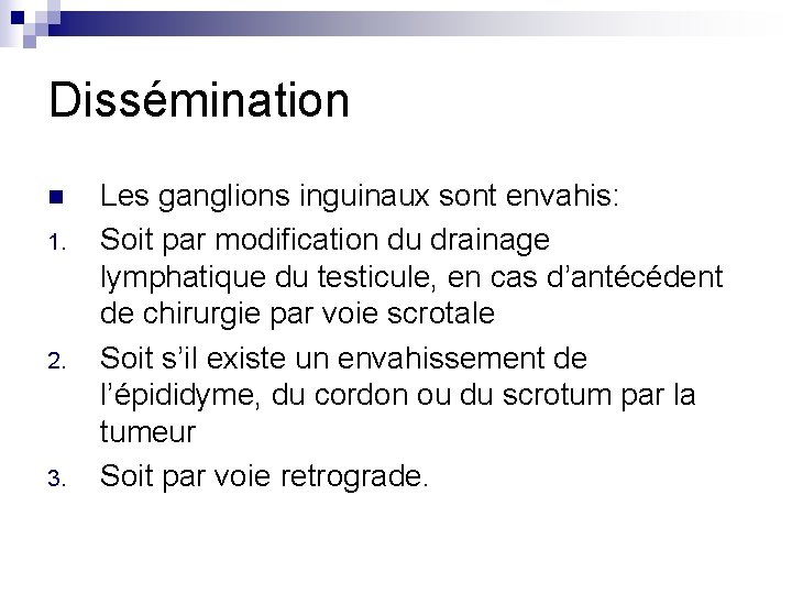 Dissémination n 1. 2. 3. Les ganglions inguinaux sont envahis: Soit par modification du