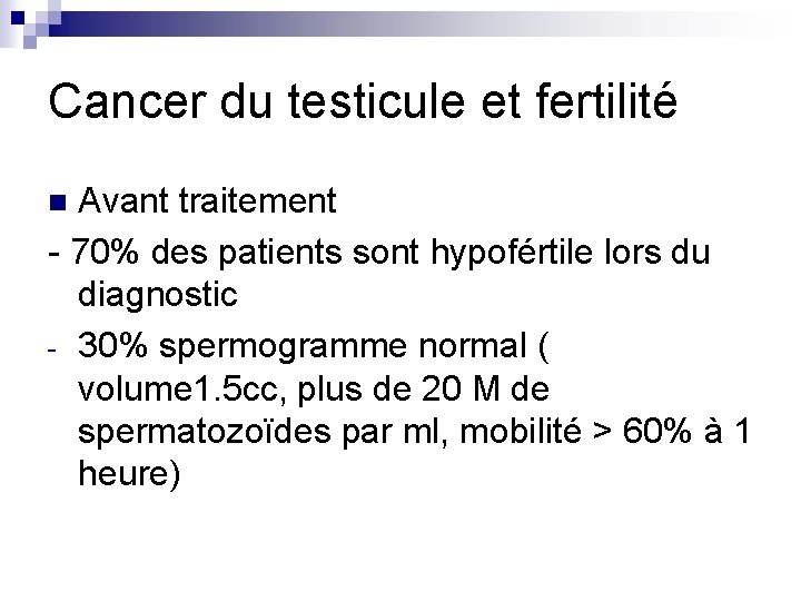 Cancer du testicule et fertilité Avant traitement - 70% des patients sont hypofértile lors