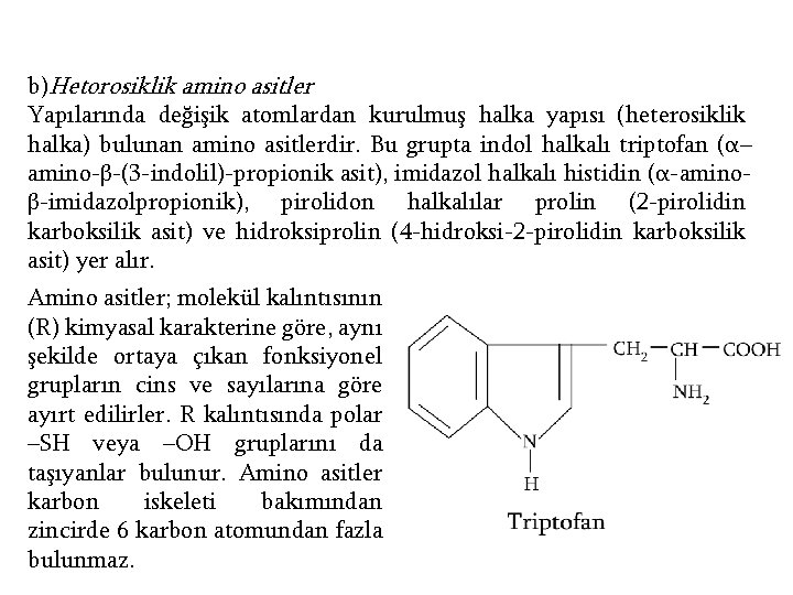 b)Hetorosiklik amino asitler Yapılarında değişik atomlardan kurulmuş halka yapısı (heterosiklik halka) bulunan amino asitlerdir.