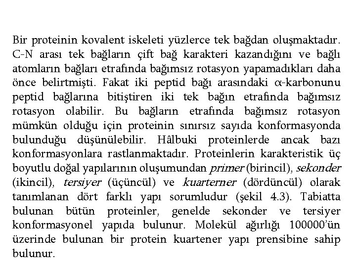 Bir proteinin kovalent iskeleti yüzlerce tek bağdan oluşmaktadır. C-N arası tek bağların çift bağ