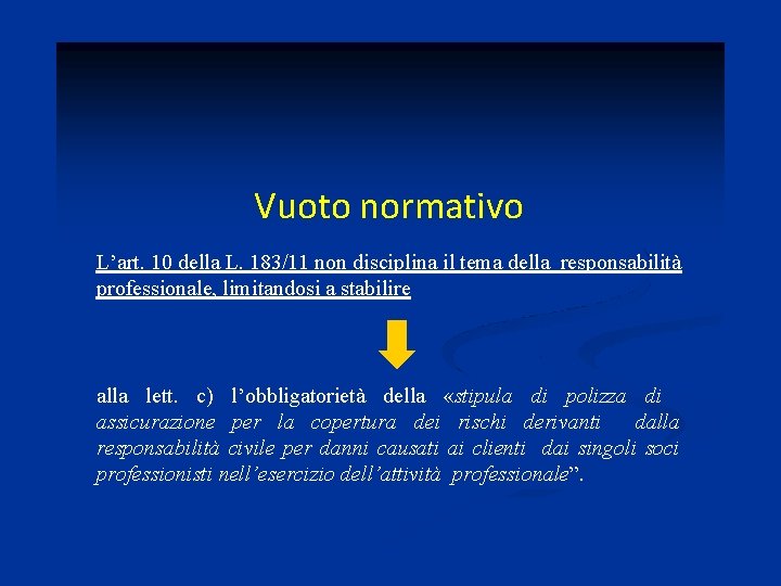 Vuoto normativo L’art. 10 della L. 183/11 non disciplina il tema della responsabilità professionale,