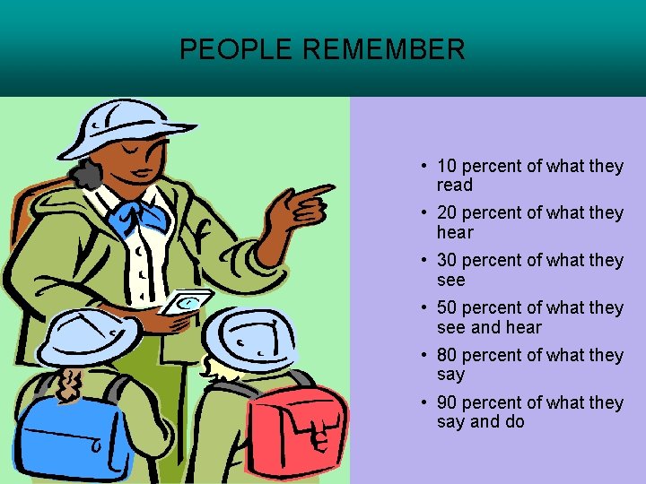 PEOPLE REMEMBER • 10 percent of what they read • 20 percent of what