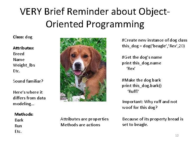 VERY Brief Reminder about Object. Oriented Programming Class: dog #Create new instance of dog