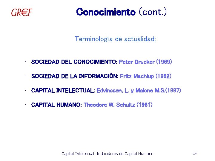 Conocimiento (cont. ) Terminología de actualidad: • SOCIEDAD DEL CONOCIMIENTO: Peter Drucker (1969) •