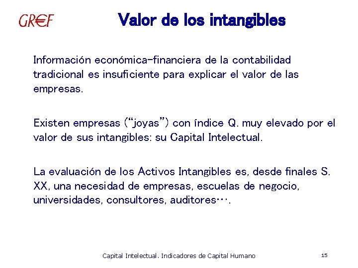 Valor de los intangibles Información económica-financiera de la contabilidad tradicional es insuficiente para explicar