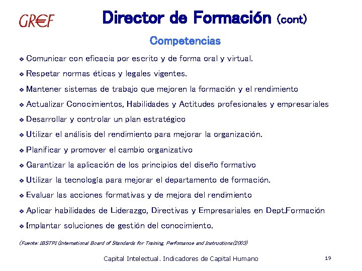 Director de Formación (cont) Competencias v Comunicar con eficacia por escrito y de forma