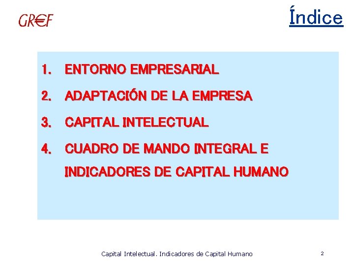 Índice 1. ENTORNO EMPRESARIAL 2. ADAPTACIÓN DE LA EMPRESA 3. CAPITAL INTELECTUAL 4. CUADRO