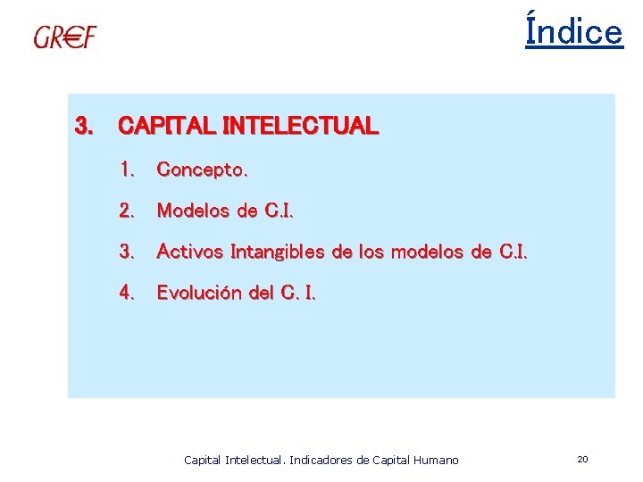 Índice 3. CAPITAL INTELECTUAL 1. Concepto. 2. Modelos de C. I. 3. Activos Intangibles
