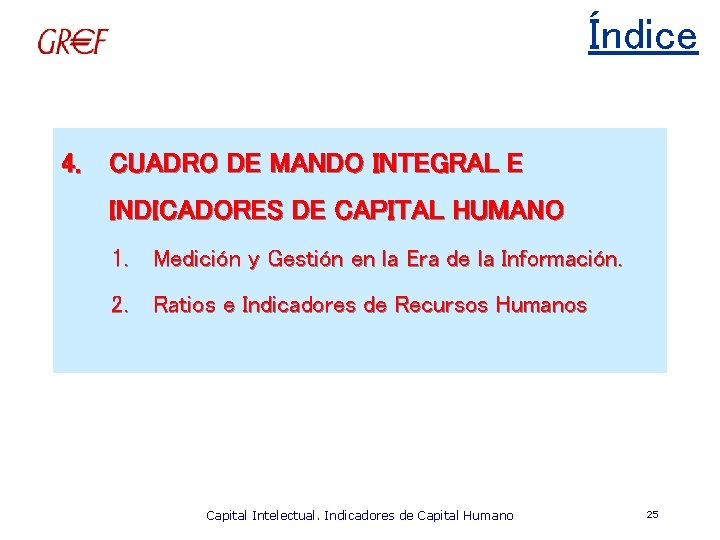 Índice 4. CUADRO DE MANDO INTEGRAL E INDICADORES DE CAPITAL HUMANO 1. Medición y