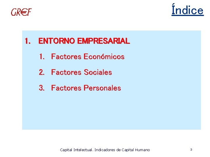 Índice 1. ENTORNO EMPRESARIAL 1. Factores Económicos 2. Factores Sociales 3. Factores Personales Capital