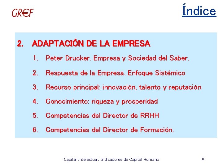 Índice 2. ADAPTACIÓN DE LA EMPRESA 1. Peter Drucker. Empresa y Sociedad del Saber.
