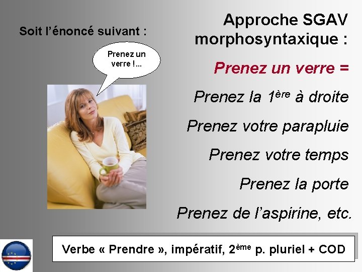 Soit l’énoncé suivant : Prenez un verre !. . . Approche SGAV morphosyntaxique :