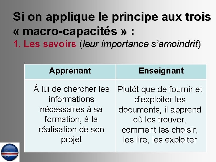 Si on applique le principe aux trois « macro-capacités » : 1. Les savoirs