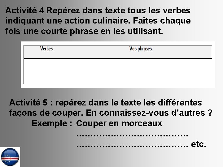 Activité 4 Repérez dans texte tous les verbes indiquant une action culinaire. Faites chaque