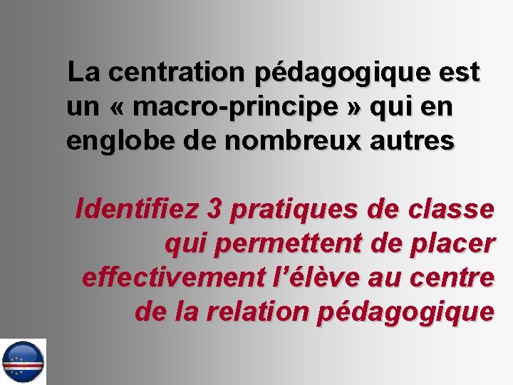 La centration pédagogique est un « macro-principe » qui en englobe de nombreux autres