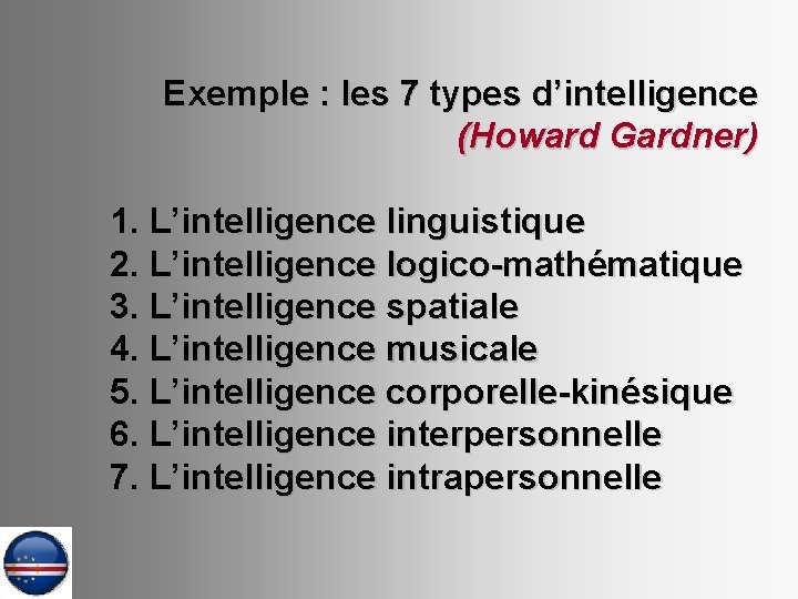 Exemple : les 7 types d’intelligence (Howard Gardner) 1. L’intelligence linguistique 2. L’intelligence logico-mathématique