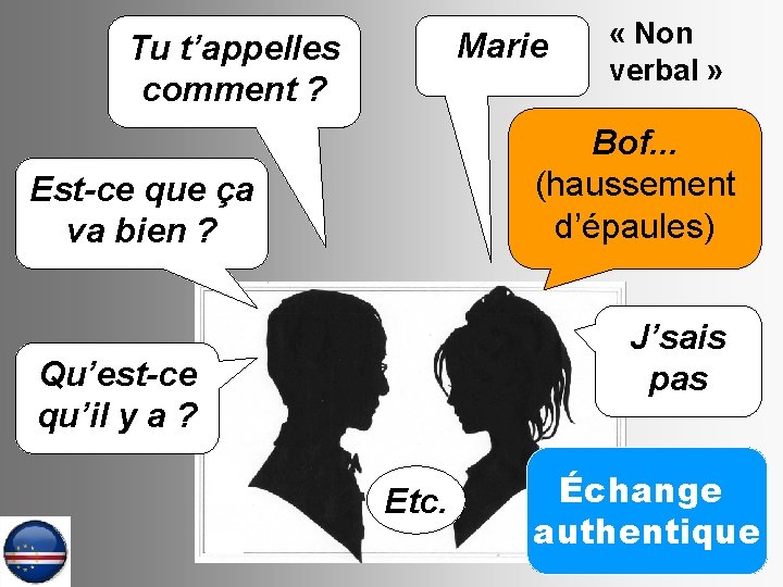 Marie Tu t’appelles comment ? « Non verbal » Bof. . . (haussement d’épaules)