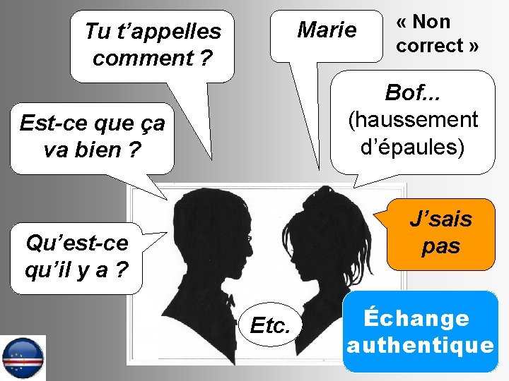 Marie Tu t’appelles comment ? « Non correct » Bof. . . (haussement d’épaules)