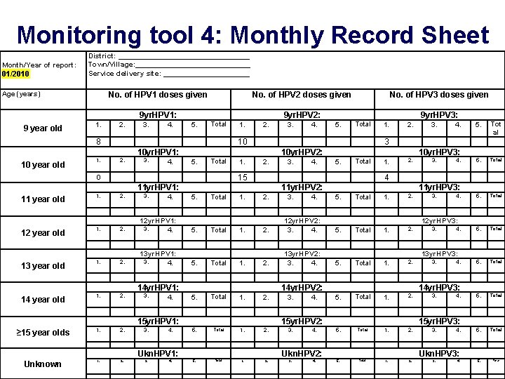 Monitoring tool 4: Monthly Record Sheet Month/Year of report: 01/2010 District: ________________ Town/Village: ______________