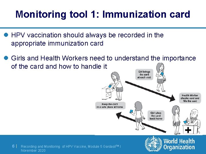 Monitoring tool 1: Immunization card l HPV vaccination should always be recorded in the