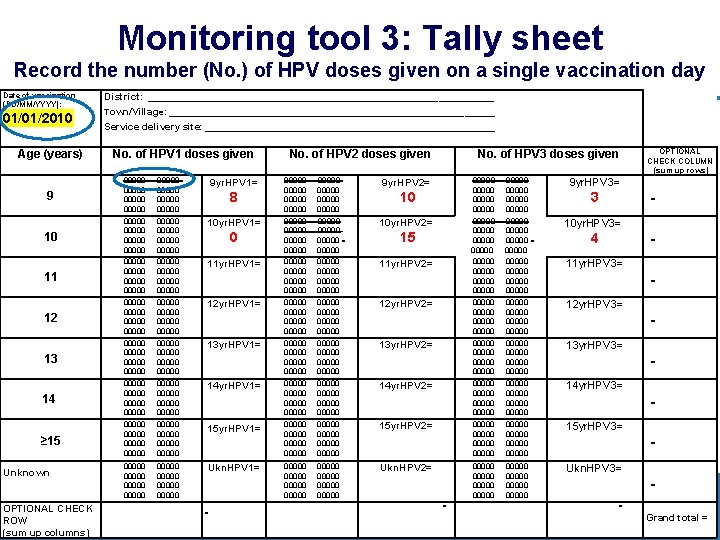 Monitoring tool 3: Tally sheet Record the number (No. ) of HPV doses given