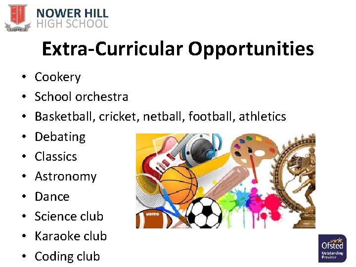 Extra-Curricular Opportunities • • • Cookery School orchestra Basketball, cricket, netball, football, athletics Debating