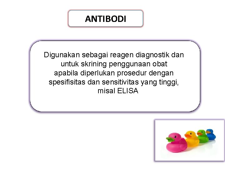 ANTIBODI Digunakan sebagai reagen diagnostik dan untuk skrining penggunaan obat apabila diperlukan prosedur dengan
