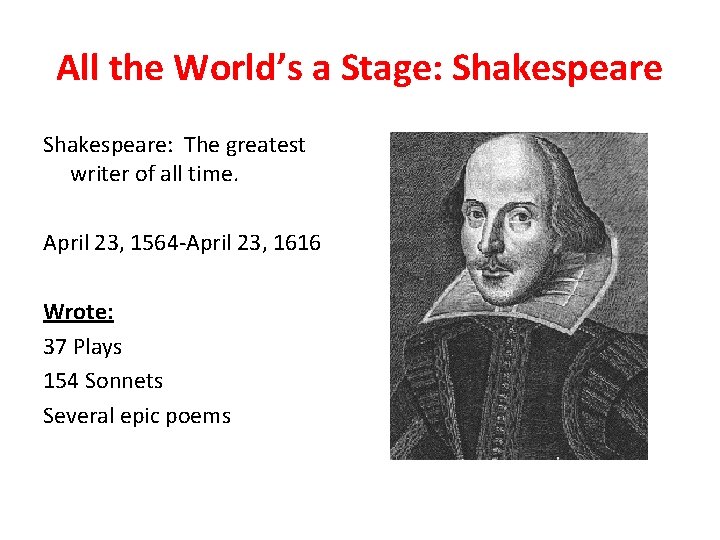 All the World’s a Stage: Shakespeare: The greatest writer of all time. April 23,