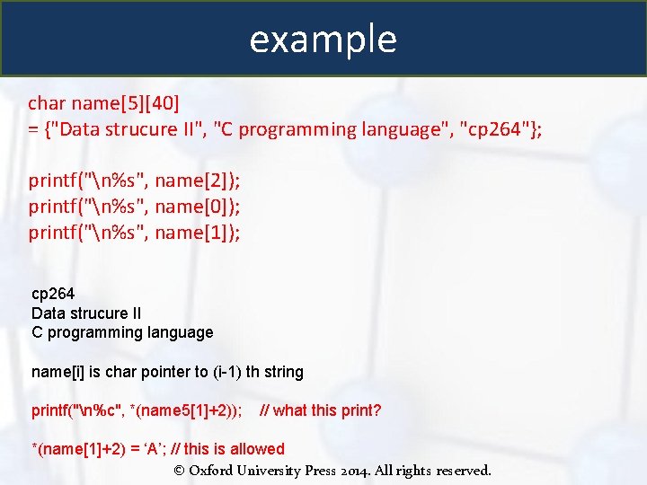 example char name[5][40] = {"Data strucure II", "C programming language", "cp 264"}; printf("n%s", name[2]);
