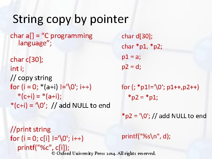 String copy by pointer char a[] = “C programming language”; char c[30]; int i;