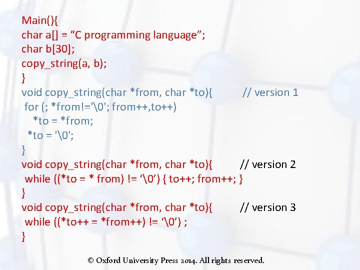 Main(){ char a[] = “C programming language”; char b[30]; copy_string(a, b); } void copy_string(char