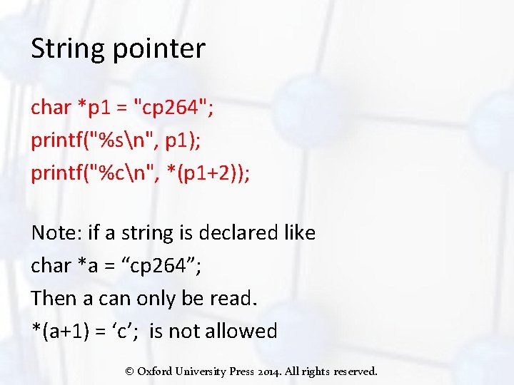 String pointer char *p 1 = "cp 264"; printf("%sn", p 1); printf("%cn", *(p 1+2));