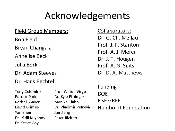 Acknowledgements Field Group Members: Bob Field Bryan Changala Annelise Beck Julia Berk Dr. Adam