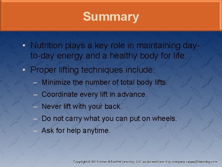 Summary • Nutrition plays a key role in maintaining dayto-day energy and a healthy Summary • Nutrition plays a key role in maintaining dayto-day energy and a healthy