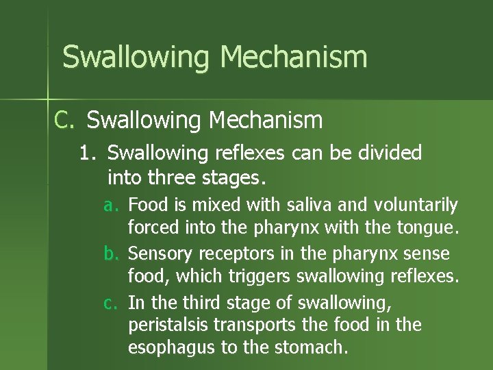 Swallowing Mechanism C. Swallowing Mechanism 1. Swallowing reflexes can be divided into three stages.