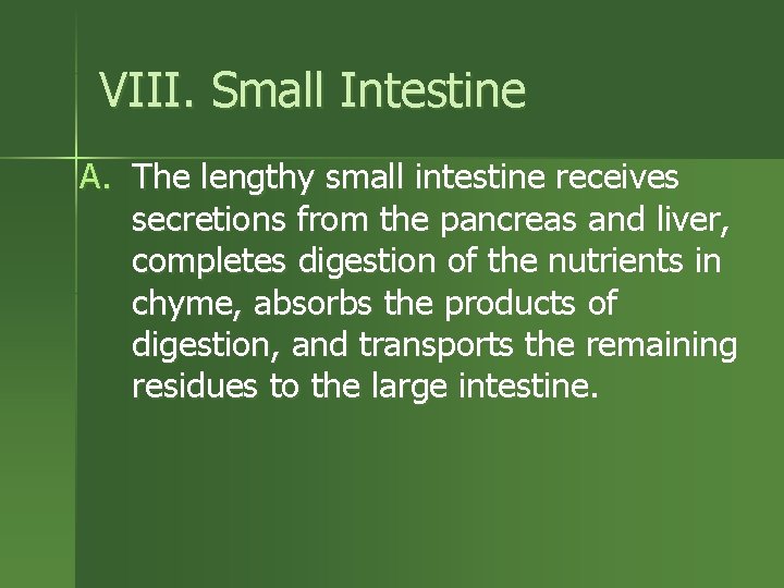 VIII. Small Intestine A. The lengthy small intestine receives secretions from the pancreas and