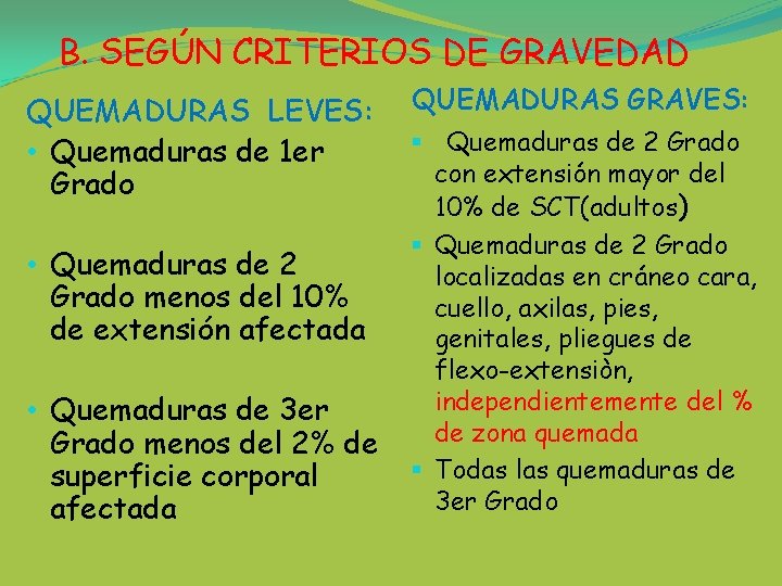 B. SEGÚN CRITERIOS DE GRAVEDAD QUEMADURAS LEVES: • Quemaduras de 1 er Grado •