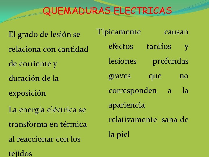 QUEMADURAS ELECTRICAS El grado de lesión se Típicamente causan relaciona con cantidad efectos de