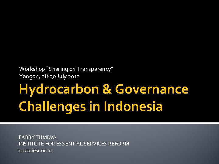 Workshop “Sharing on Transparency” Yangon, 28 -30 July 2012 Hydrocarbon & Governance Challenges in