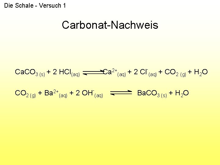 Die Schale - Versuch 1 Carbonat-Nachweis Ca. CO 3 (s) + 2 HCl(aq) -