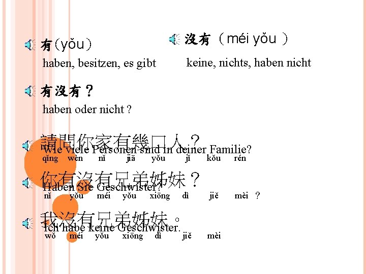 有(yǒu） 沒有（méi yǒu ） haben, besitzen, es gibt keine, nichts, haben nicht 有沒有？ haben