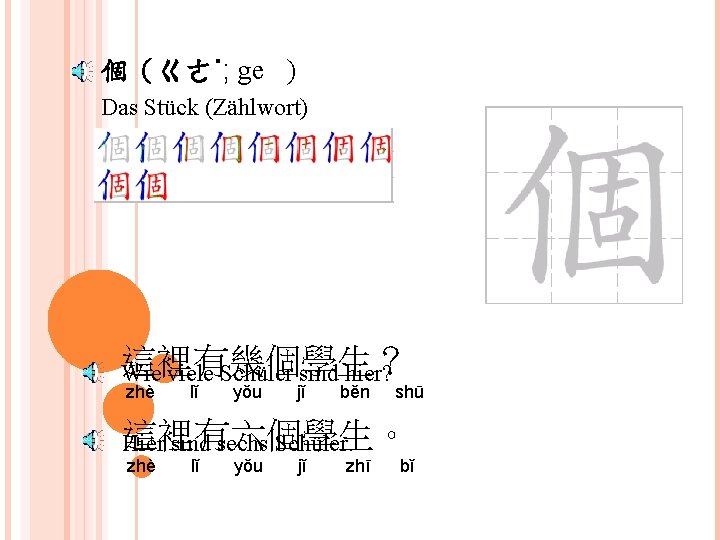 個（ㄍㄜ˙; ge ) Das Stück (Zählwort) 這裡有幾個學生？ Wie viele Schüler sind hier? zhè lǐ