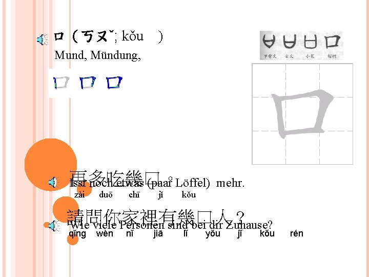 口（ㄎㄡˇ; kǒu ) Mund, Mündung, 再多吃幾口。 Isst noch etwas (paar Löffel) zài duō chī