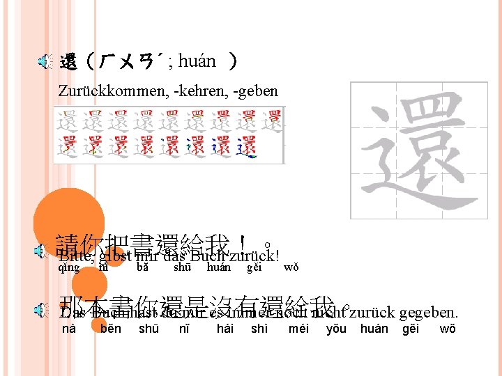 還（ㄏㄨㄢˊ ; huán ） Zurückkommen, -kehren, -geben 請你把書還給我！。 Bitte, gibst mir das Buch zurück!