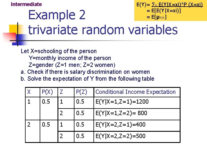 E(Y)= ∑x E(Y|X=xi)*P (X=xi) = E[E(Y|X=xi)] = E[μY|X] Intermediate Example 2 trivariate random variables
