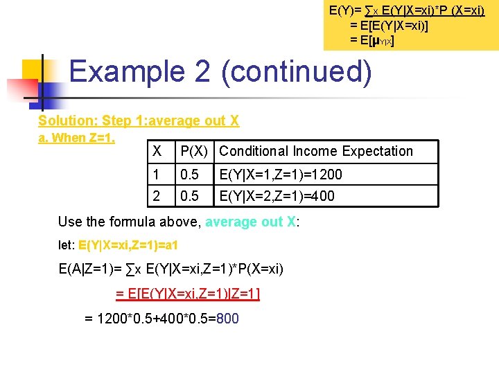 E(Y)= ∑x E(Y|X=xi)*P (X=xi) = E[E(Y|X=xi)] = E[μY|X] Example 2 (continued) Solution: Step 1: