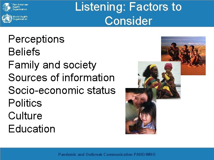 Pan American Health Organization World Health Organization Listening: Factors to Consider Perceptions Beliefs Family