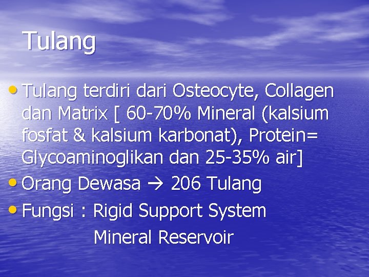 Tulang • Tulang terdiri dari Osteocyte, Collagen dan Matrix [ 60 -70% Mineral (kalsium